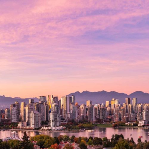Vancouver vacations: the Vancouver skyline at sunset.