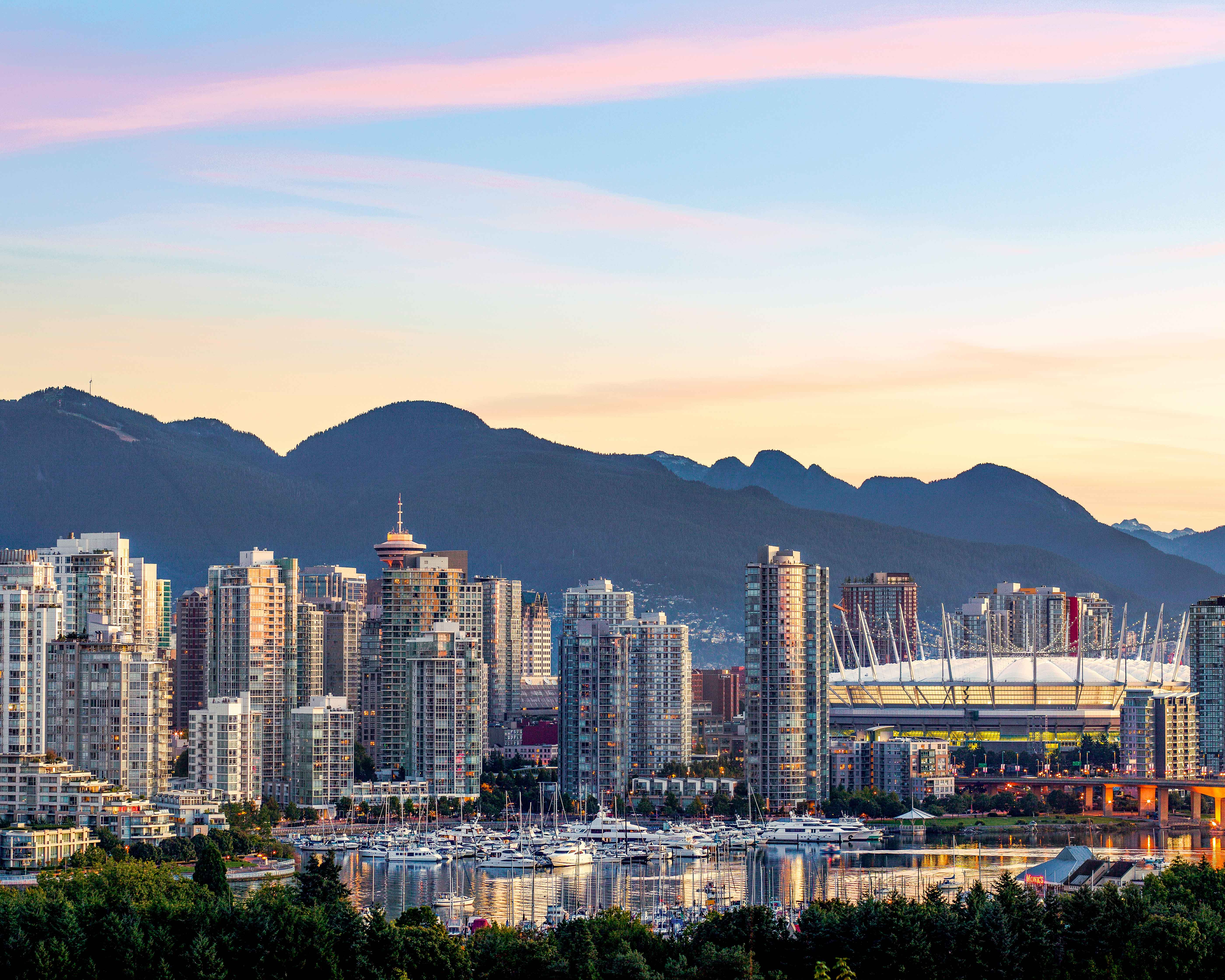 Vancouver vacations: BC Place and the Vancouver skyline at sunset.